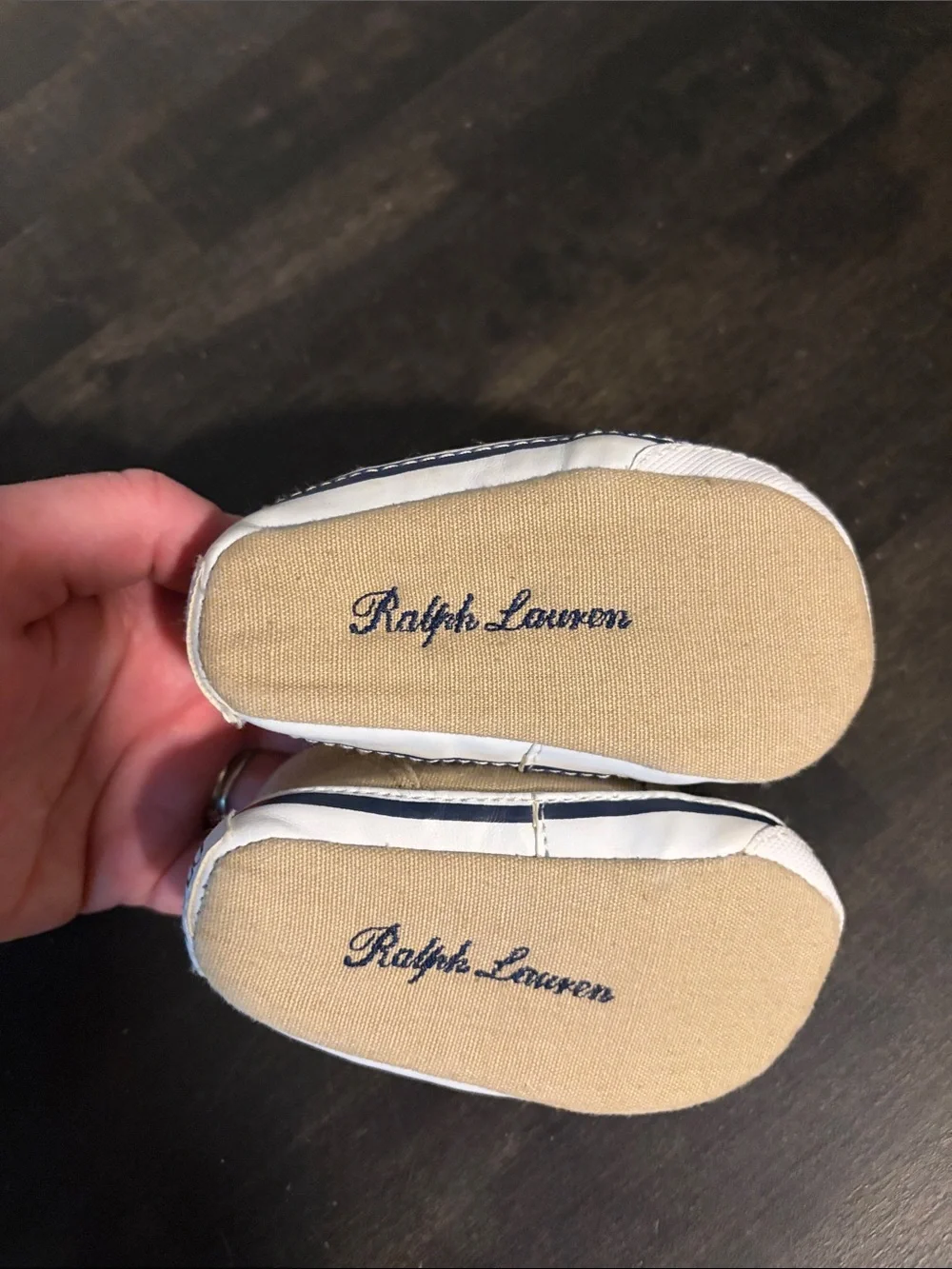 Polo Ralph Lauren Tan Blue Embroidered Pony Crib Shoes Size 3 Months